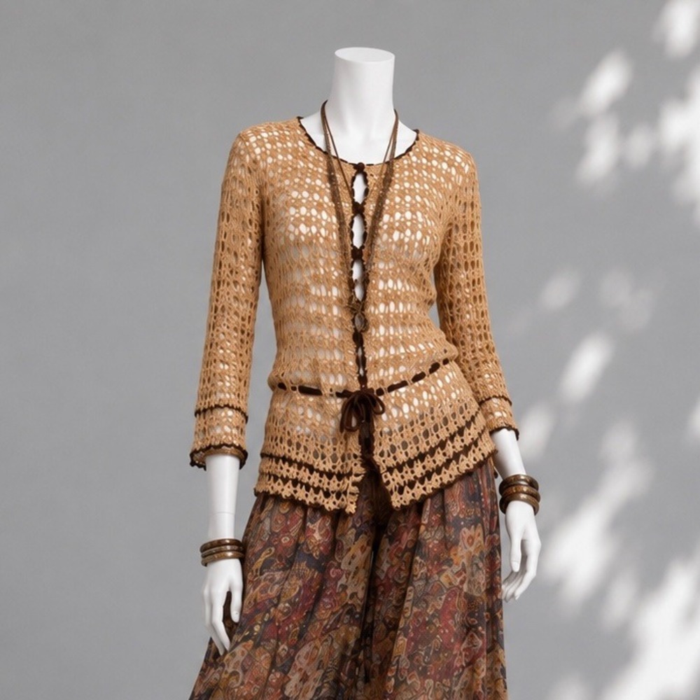 90s Y2k Crochet Top S Tan Open Knit Boho Festival Grandmacore Tie Waist Blouse